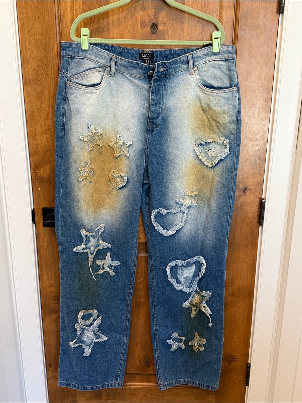 Boohoo Mens Blue Relaxed Jeans with Distressed Star & Heart Applique